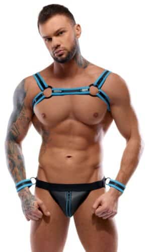 Svenjoyment Bondage Harness plus Jock mit abnehmbaren Handfesseln