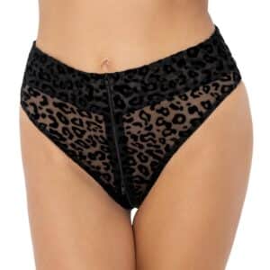 Noir Slip aus Stretch-Feinnetz mit Leo-Samtflockprint