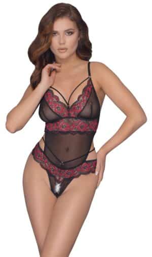 Cottelli LINGERIE Body ouvert aus 2-farbiger Floral-Spitze und Powernet