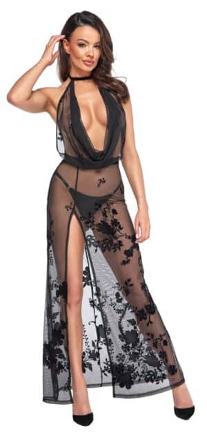 Noir Kleid aus Stretchnetz mit Samtflockprint